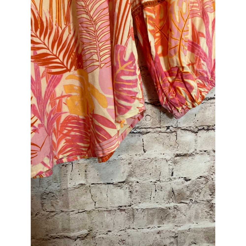 Haute Hippie Peasant Top Womens Medium Beaded Tassels Monstera Print Pink‎ Boho - Picture 8 of 14